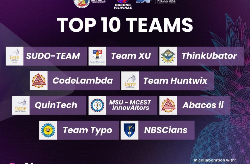 a leaderboard graphic lists the top 10 teams in an ai competition, with various logos and purple design.