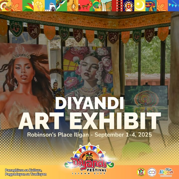 colorful portraits and artworks displayed at an art exhibit, with festive decorations and event text overlay.