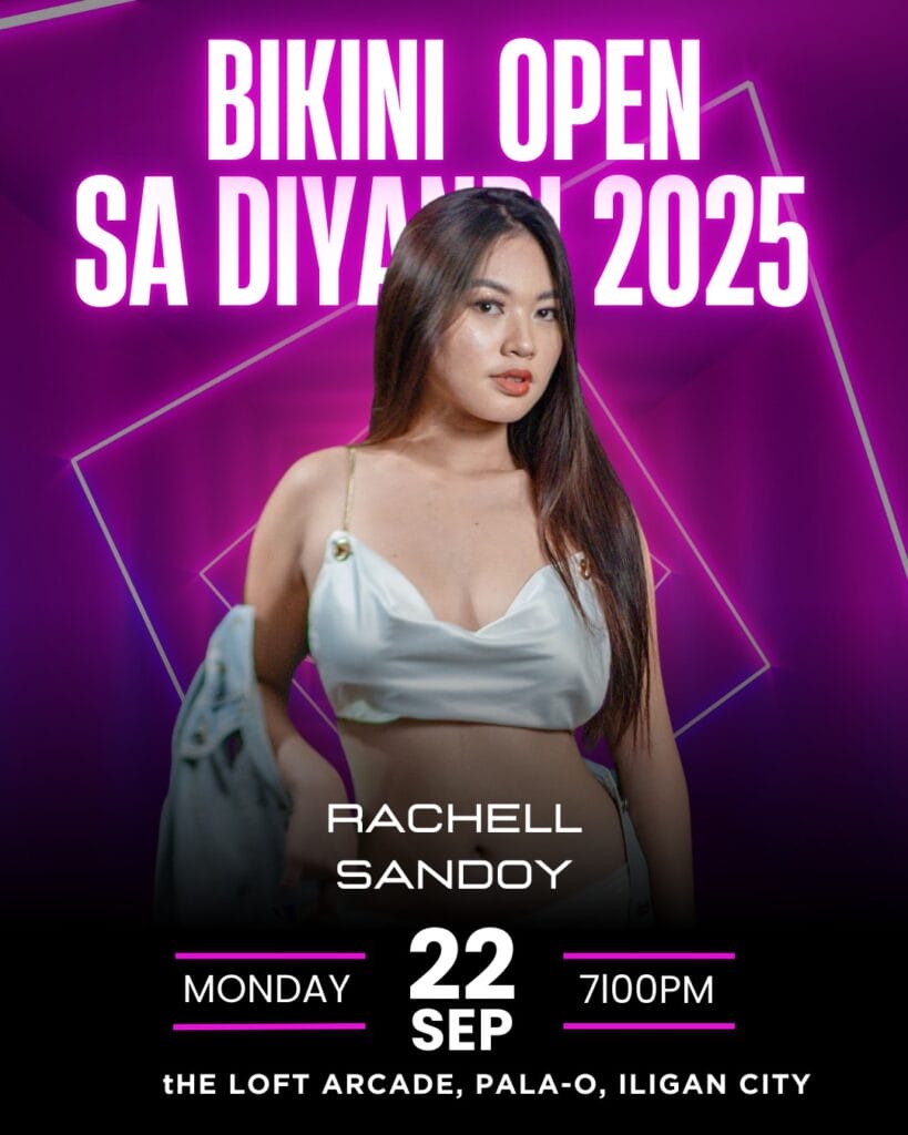 a woman in a white bikini poses before the bikini open event details at diyandi 2025 in iligan city.