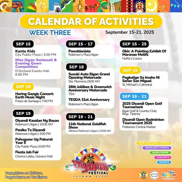 colorful diyanda festival calendar showing events and dates for september 15 21, 2025, in iligan city.
