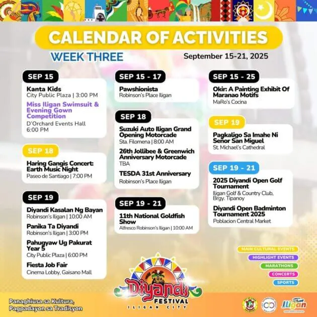 colorful diyanda festival calendar showing events and dates for september 15 21, 2025, in iligan city.