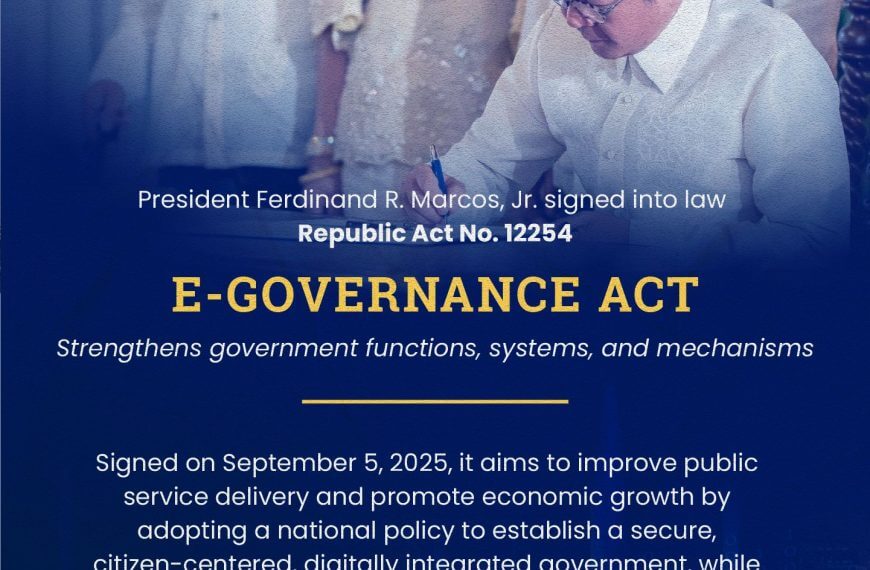 president marcos signs a document; text highlights the e governance act’s aim to streamline services.