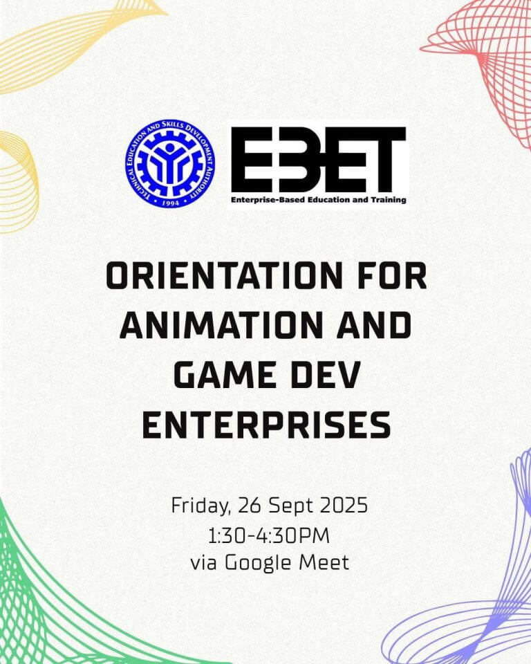 poster with logos and colorful swirls for the game dev iligan & animation event, tesda ebet orientation, 26 sept 2025.