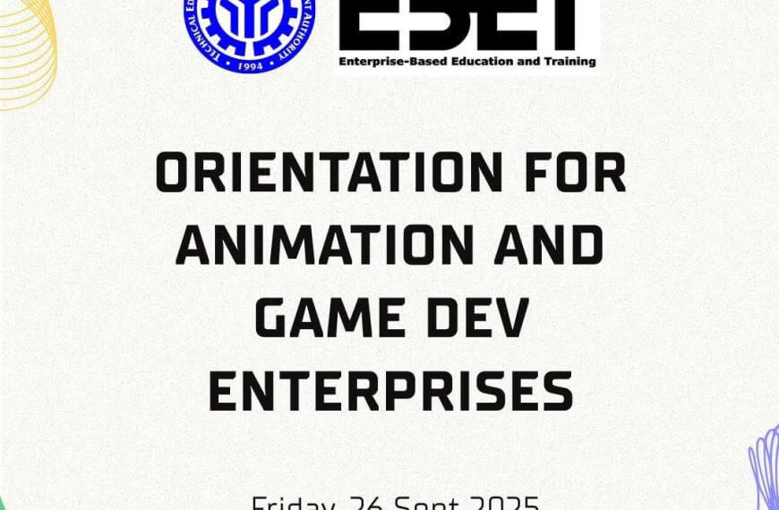 poster with logos and colorful swirls for the game dev iligan & animation event, tesda ebet orientation, 26 sept 2025.