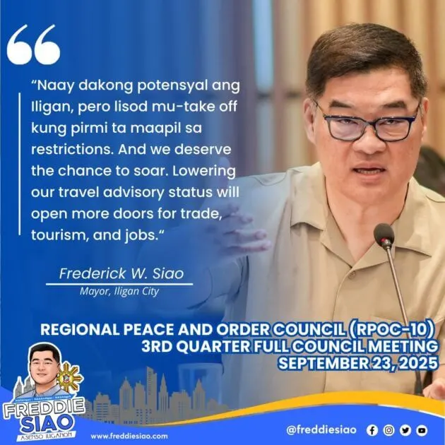 a man in glasses speaks at a microphone; mayor siao discusses safer iligan in bold quote and meeting details.