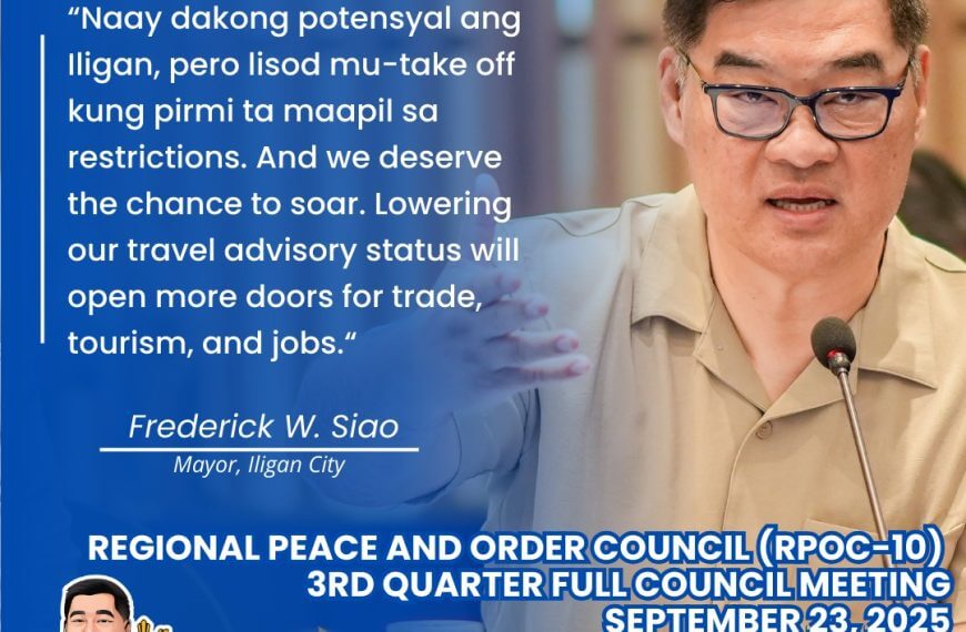 a man in glasses speaks at a microphone; mayor siao discusses safer iligan in bold quote and meeting details.