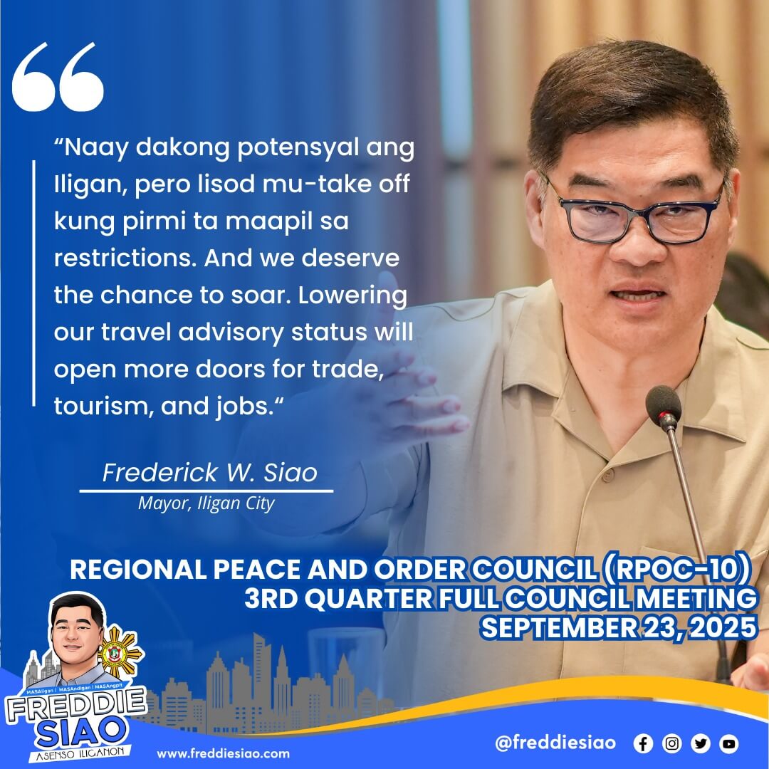 a man in glasses speaks at a microphone; mayor siao discusses safer iligan in bold quote and meeting details.