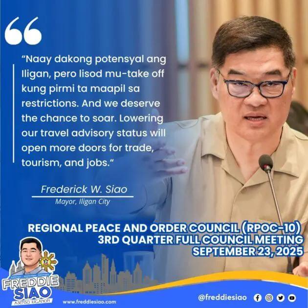 a man in glasses speaks at a microphone; mayor siao discusses safer iligan in bold quote and meeting details.