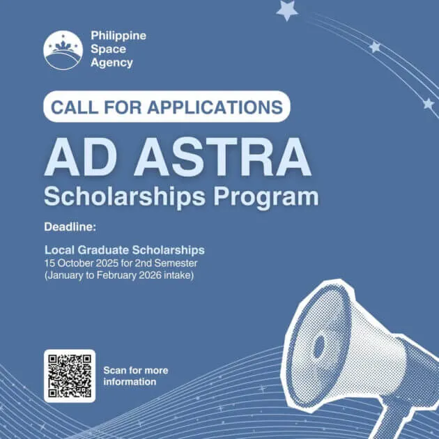blue graphic for philippine space agency’s ad astra scholarships, call for applications, megaphone, and qr code.