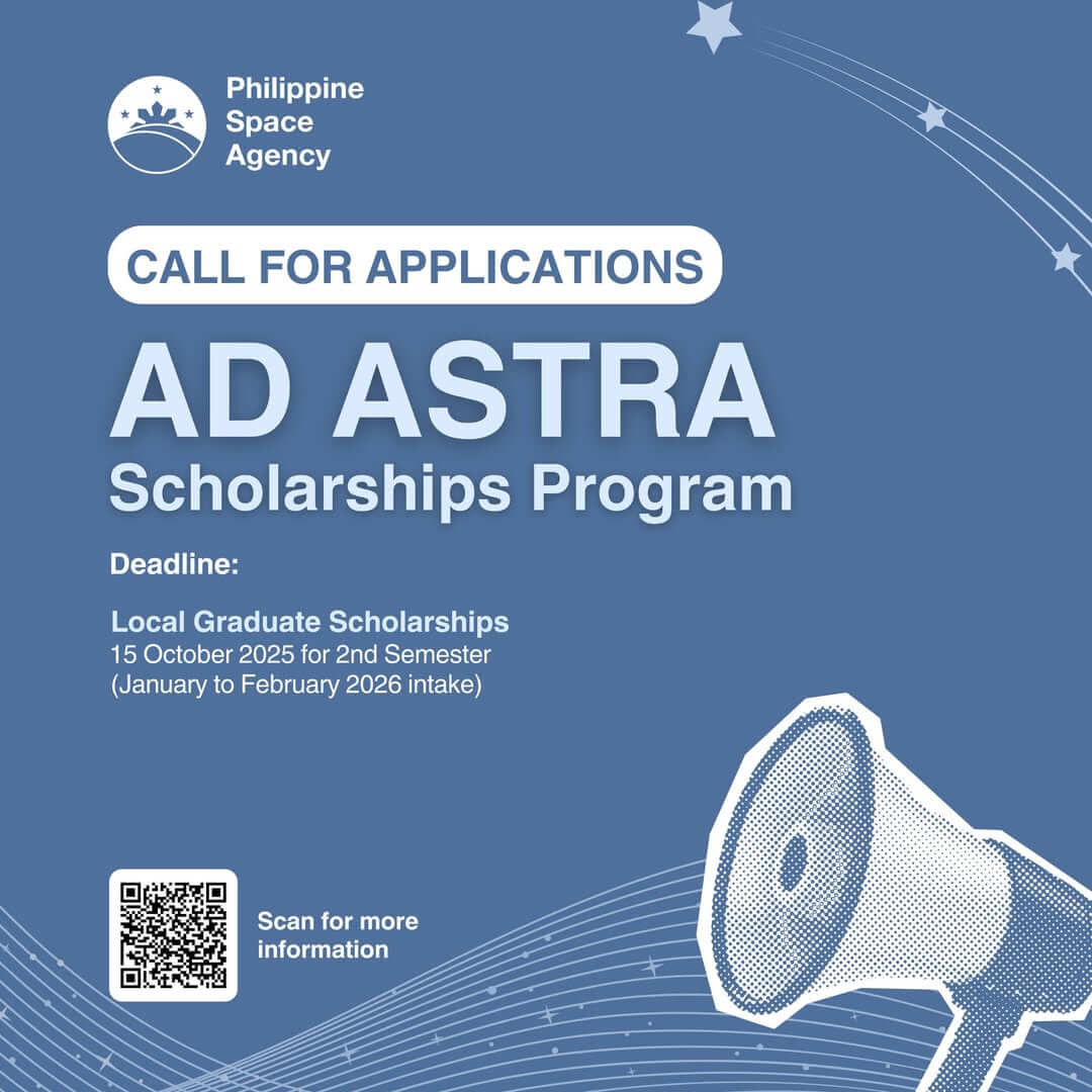 blue graphic for philippine space agency’s ad astra scholarships, call for applications, megaphone, and qr code.