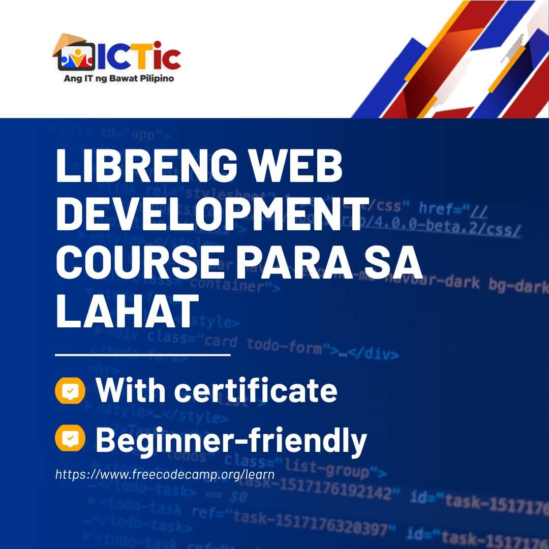 blue ad offering free web development training in filipino, beginner friendly with certificate included.
