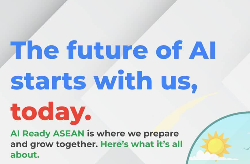 blue and green text reads: the future of ai starts with us, today—join the asean ai ready program, sunrise city graphic.