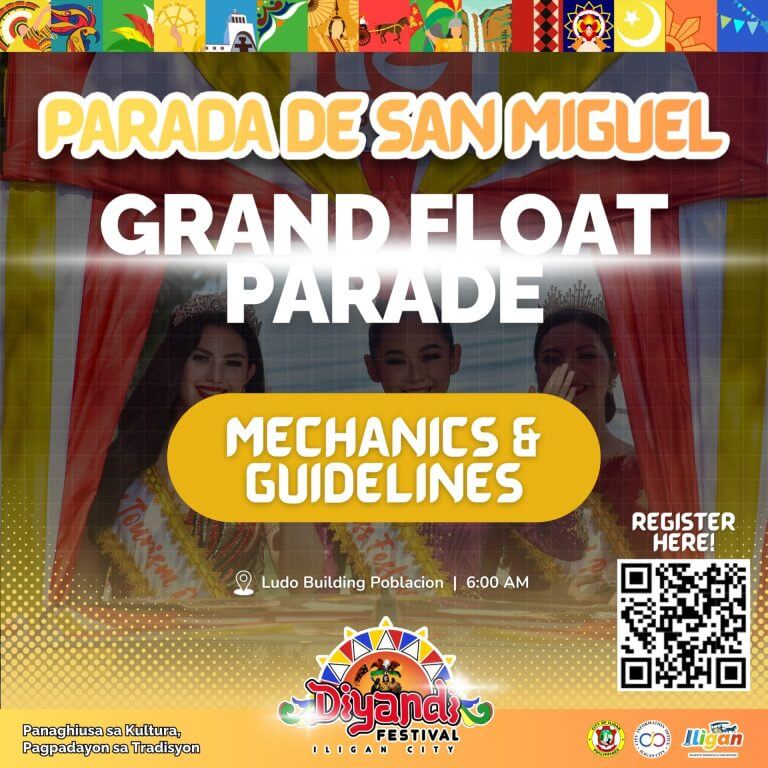 colorful festival poster with three women in crowns, event title, details, and a qr code for registration.