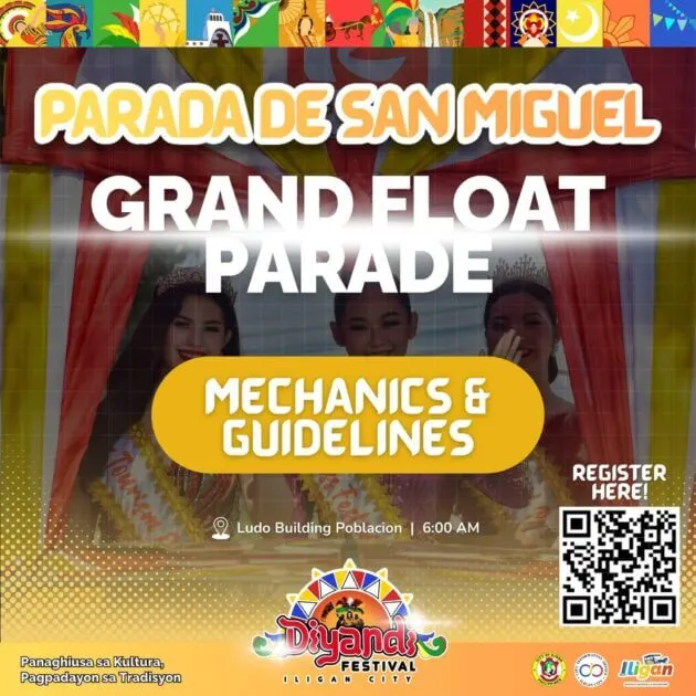 colorful festival poster with three women in crowns, event title, details, and a qr code for registration.