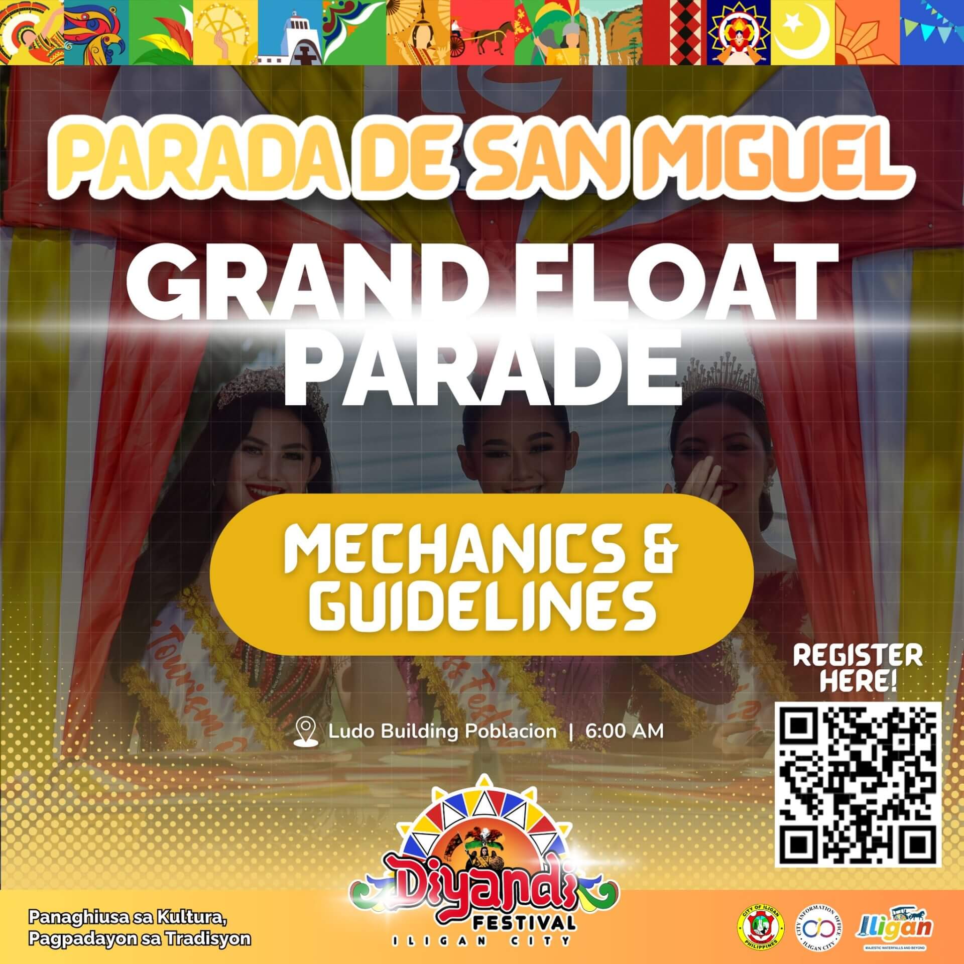 colorful festival poster with three women in crowns, event title, details, and a qr code for registration.