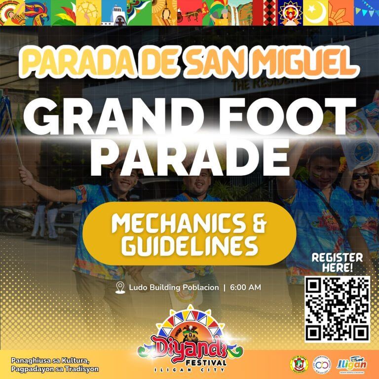 colorful poster for diyandi festivals grand foot parade with event details, qr code, and festive graphics.