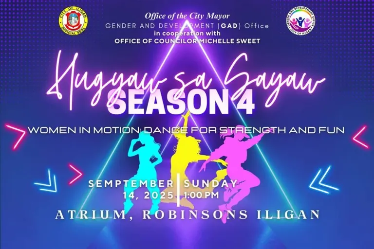 event poster with neon lights, three dancers’ silhouettes, and event details for hugyaw sa sayaw season 4.