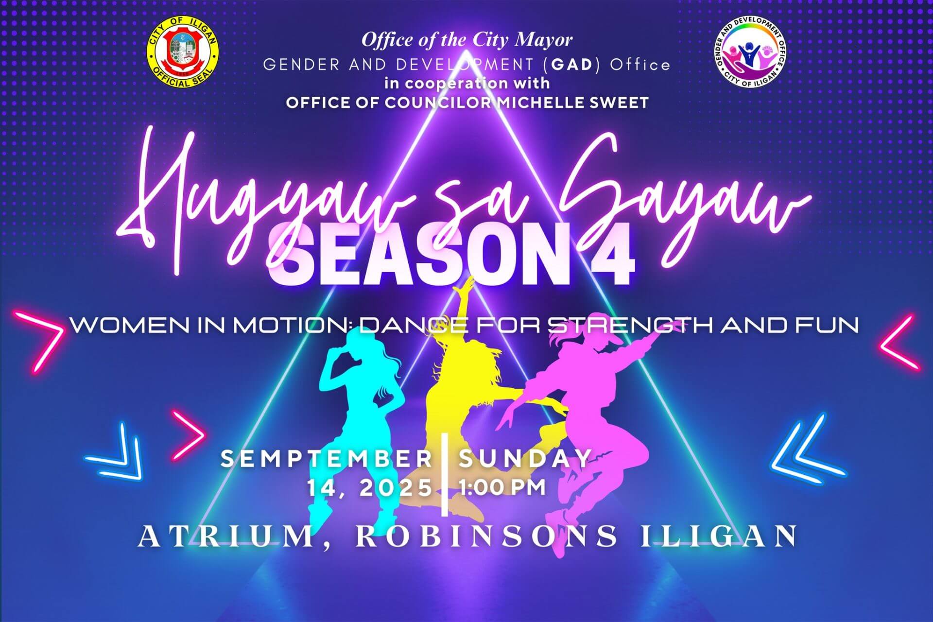 event poster with neon lights, three dancers’ silhouettes, and event details for hugyaw sa sayaw season 4.
