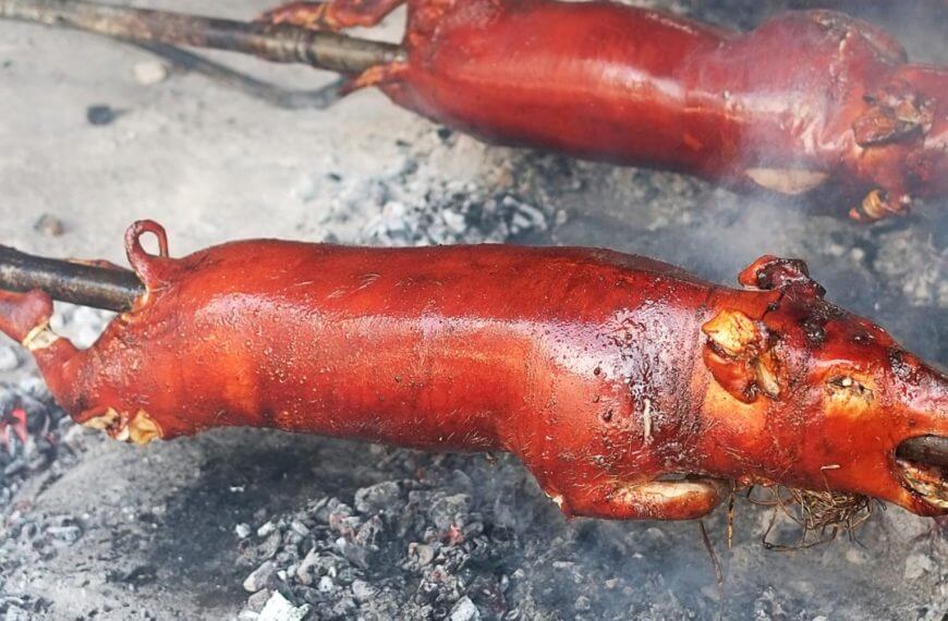 a whole roasted pig on a spit over hot coals, served with golden brown, crispy lechon skin.