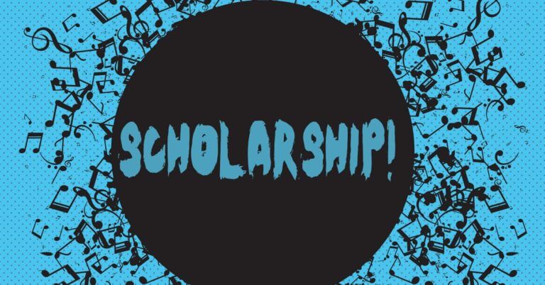 blue scholarship! text in a black circle, surrounded by music notes, highlights msu iit scholarships on a blue background.