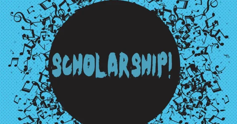 blue scholarship! text in a black circle, surrounded by music notes, highlights msu iit scholarships on a blue background.