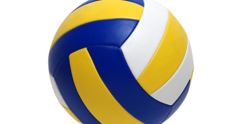 a volleyball with blue, yellow, and white curved panels on a white background.