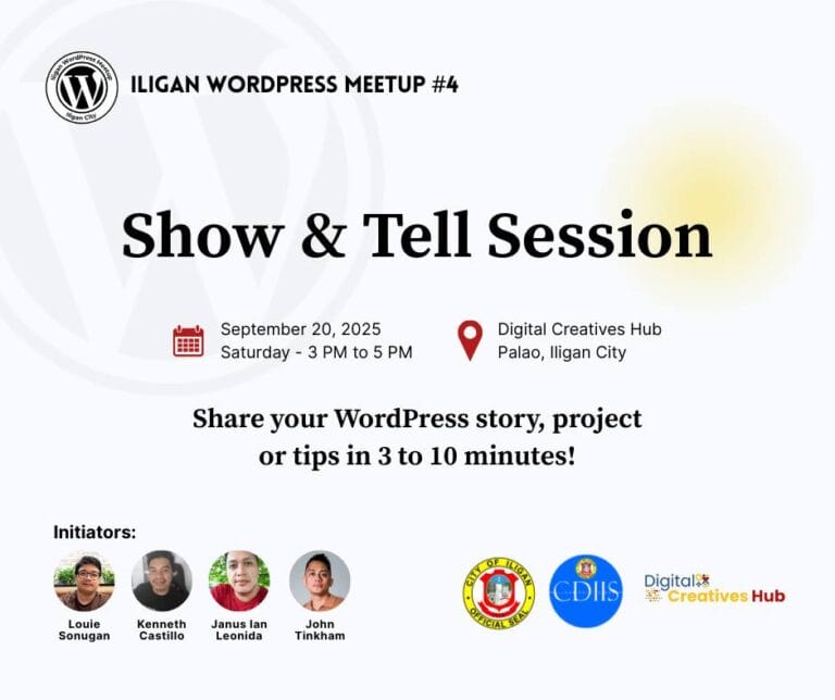 event poster for iligan wordpress meetup #4, with event details, photos of four initiators, and sponsor logos.