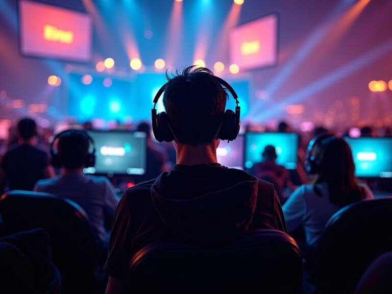 teen gamers with headsets compete at computers in a vibrant, neon lit iligan e sports tournament arena.