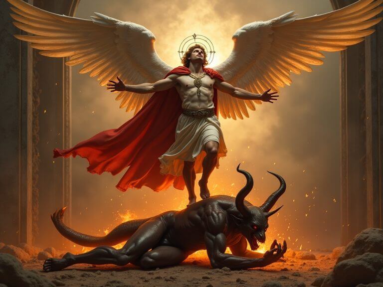 saint michael the archangel stands radiant with wings and a red cape over a defeated demon in a fiery, ancient setting.