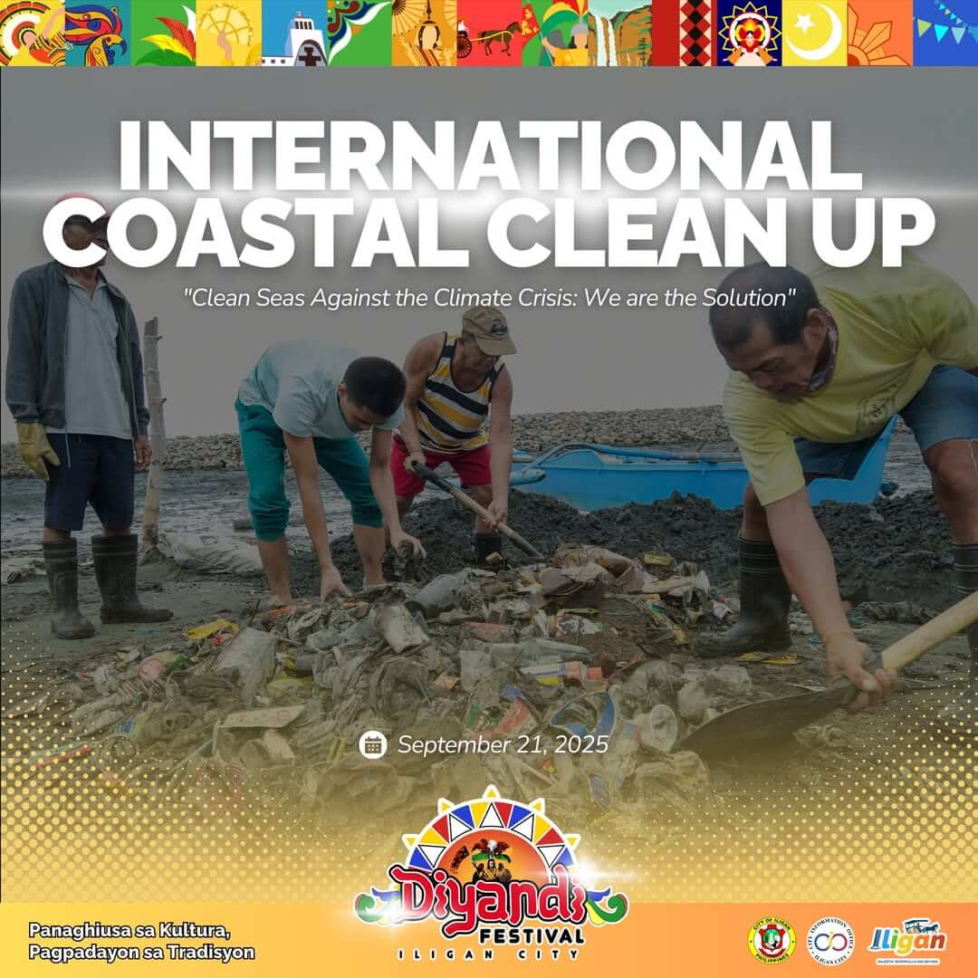 four people pick up trash on a rocky iligan shore during an international coastal clean up event.