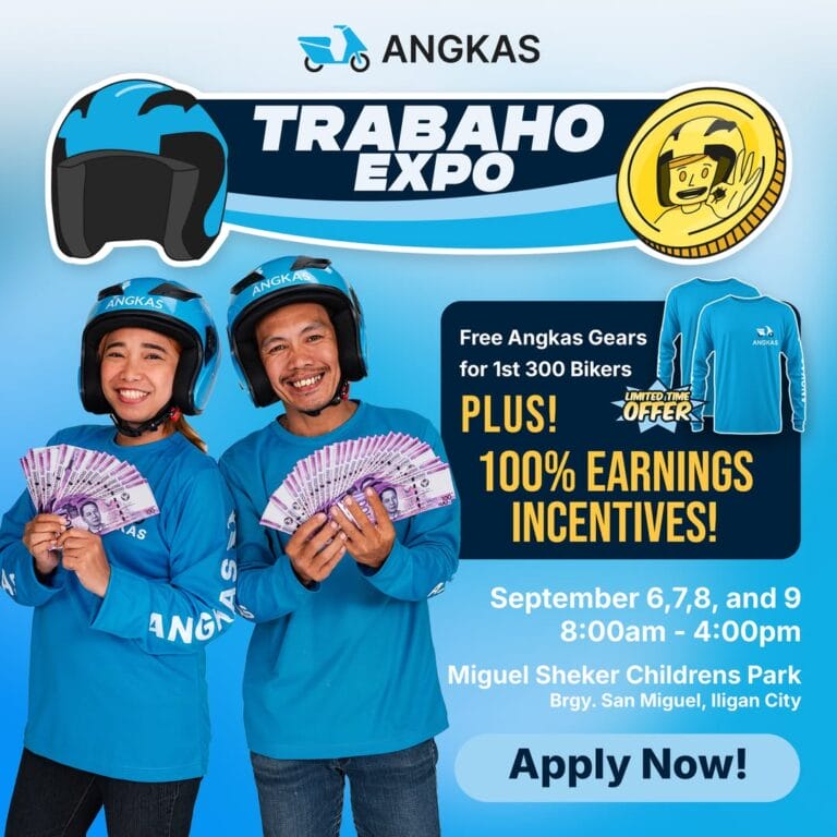 two smiling angkas iligan riders hold cash in blue uniforms. event details and earnings incentives are shown.