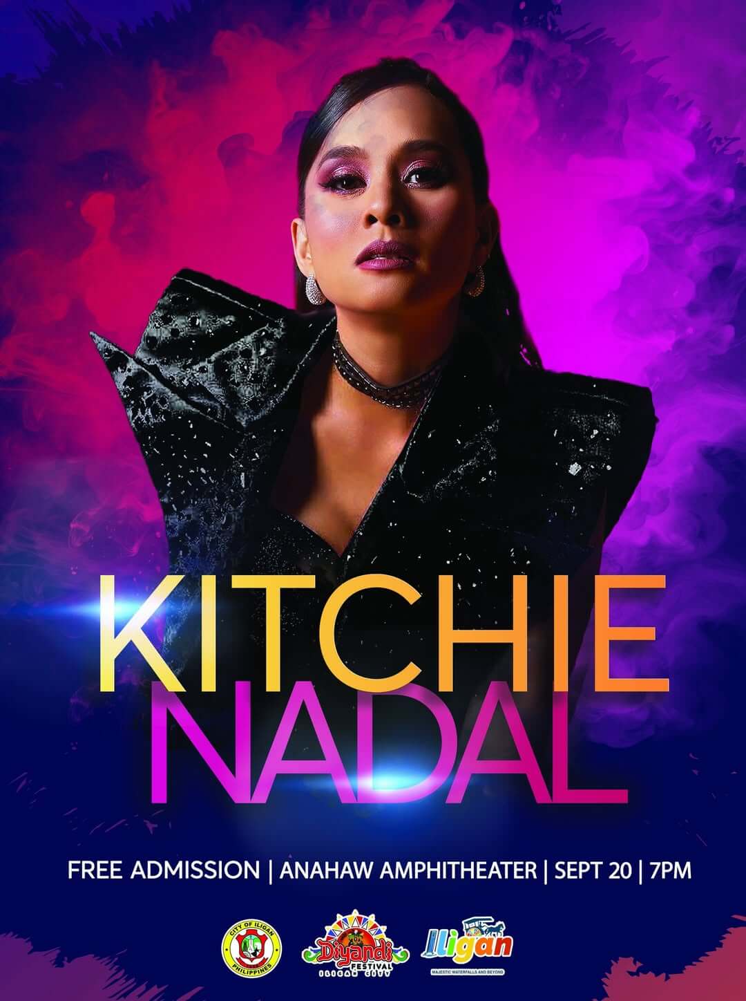 a woman in bold makeup and black outfit poses against a pink and purple smoky background with event details.