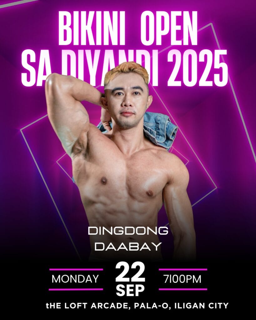 a muscular man poses shirtless with a jacket; event text reads bikini open, iligan city diyandi 2025.