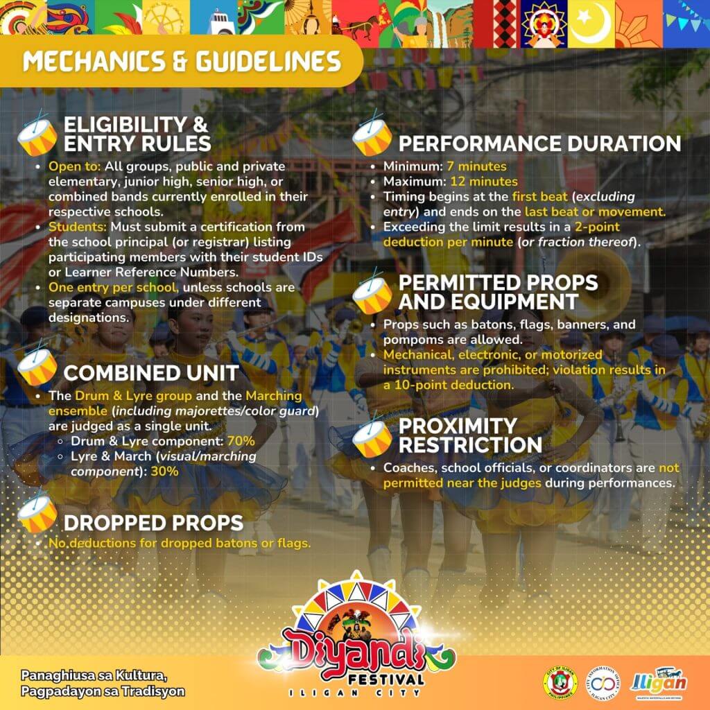 colorful festival guidelines poster details parada de san miguel rules, eligibility, props, and timing for 2025.