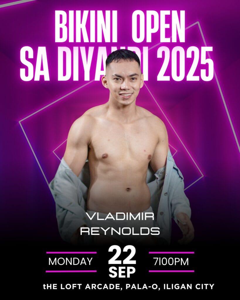 a smiling man in an open shirt stands before iligan city&rsquo;s bikini open diyandi 2025 details on a purple background.