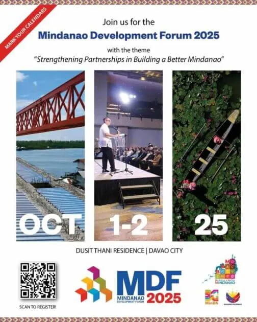 a speaker on stage addresses an audience; event dates october 1 2, 2025, mindanao forum, davao city.