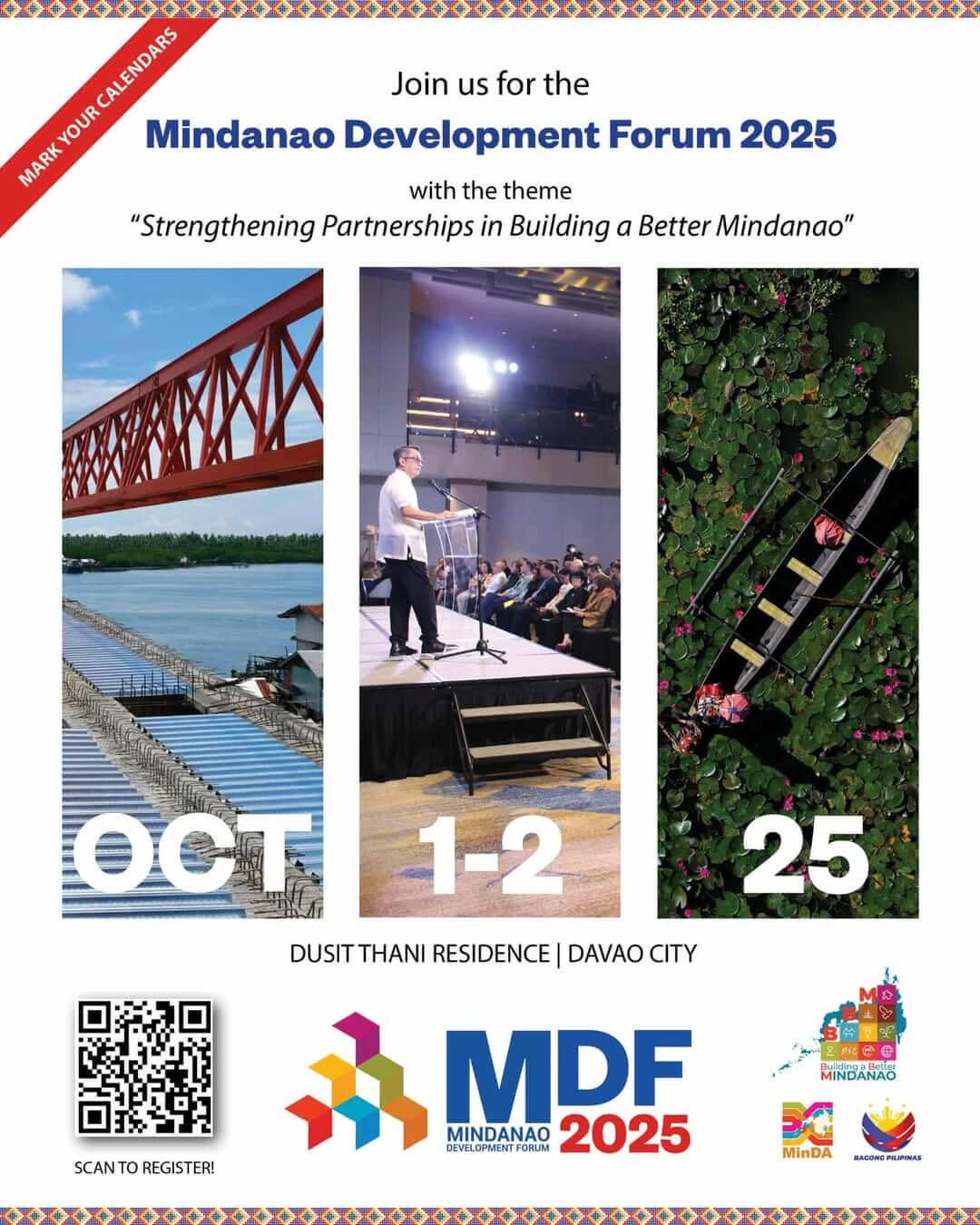 a speaker on stage addresses an audience; event dates october 1 2, 2025, mindanao forum, davao city.