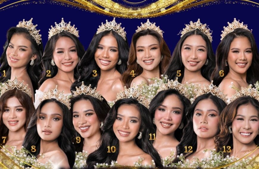 thirteen smiling women pose for miss iligan 2025 beneath event logos during a juan hour talk live podcast.