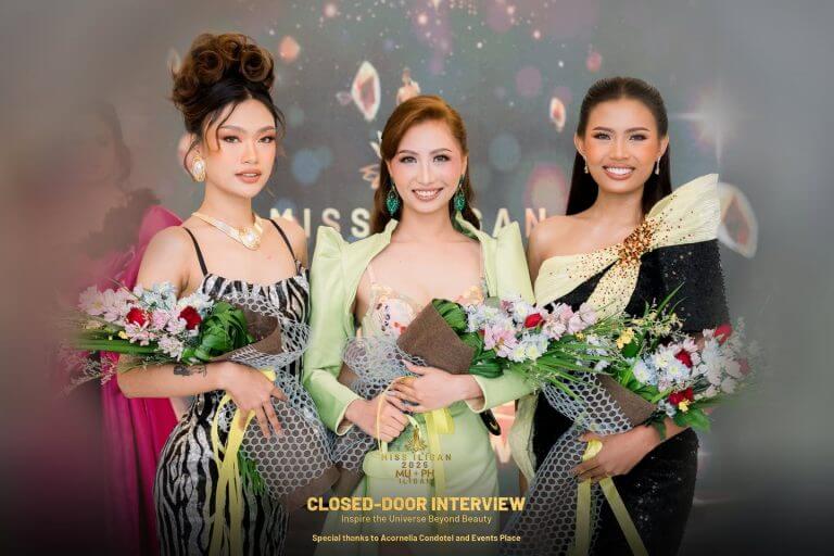 three women in elegant dresses smile at miss iligan 2025, radiating beauty with flower bouquets in hand.