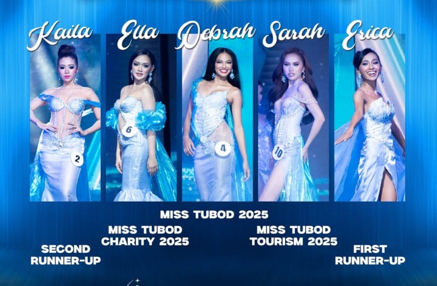 five miss tubod 2025 winners in sparkling gowns, each holding a sash, stand in front of a blue backdrop.