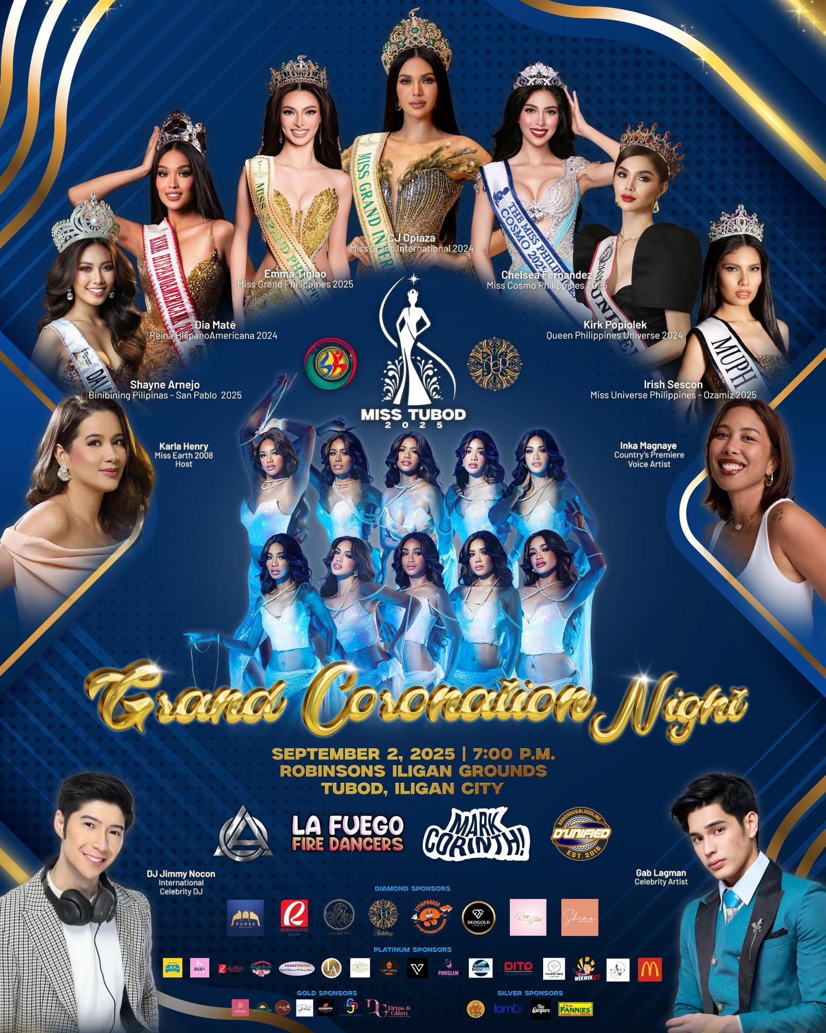 miss tubod coronation poster with queens, candidates, event details, and guest performers on a blue backdrop.