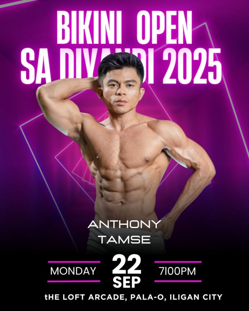 a muscular man poses shirtless on a pink bikini open poster for diyandi 2025 in iligan city, sept 22, 7:00 pm.