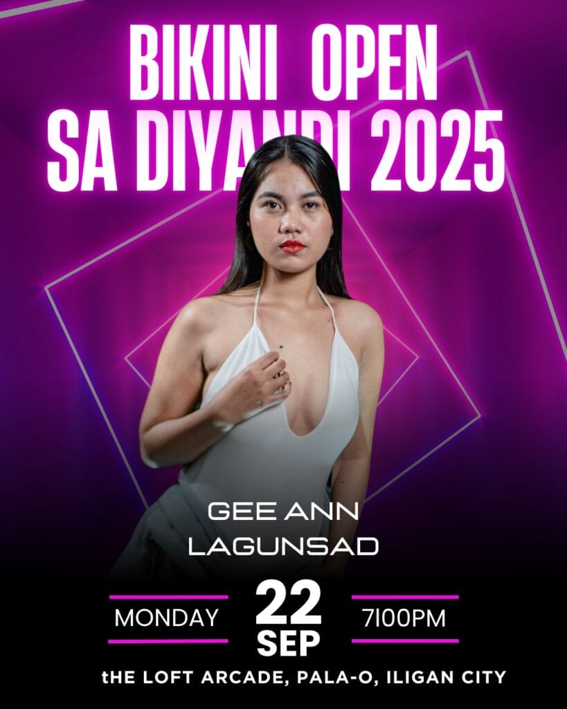 a woman in a white bikini poses by pink neon lights for the bikini open at diyandi 2025 in iligan city, september 22.