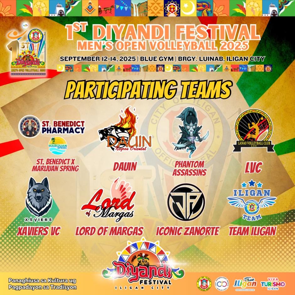 colorful poster for 1st diyandi festival men’s volleyball 2025 in iligan city with logos of 9 teams.