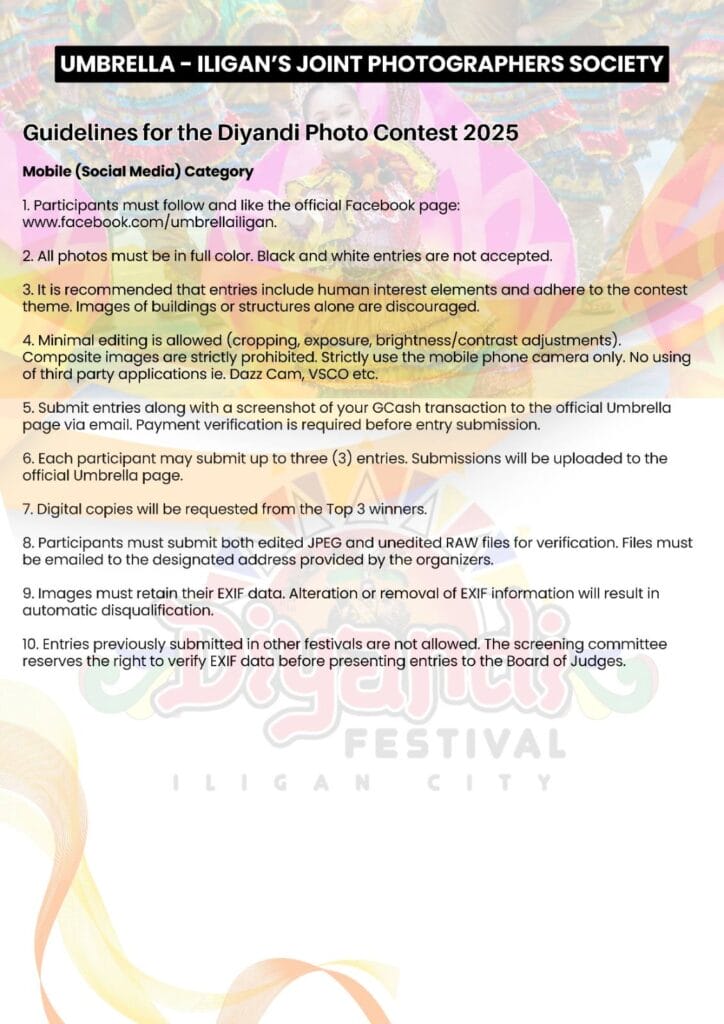 a checklist of diyandi photo contest 2025 guidelines on a white page, with pink floral borders and a camera icon.