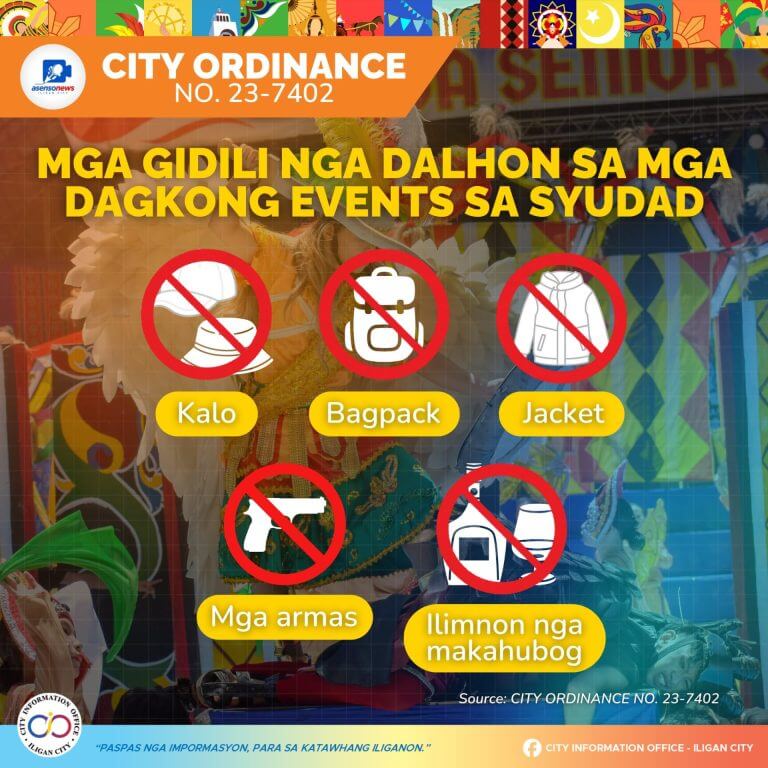 poster lists banned items at iligan city's diyandi festival 2025: hats, backpacks, jackets, and more safety rules.