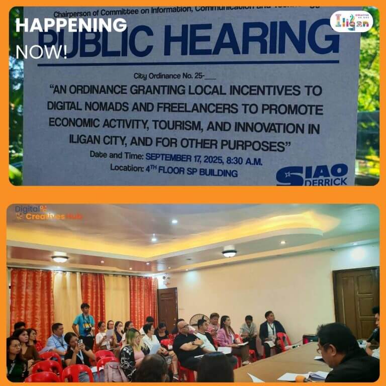 split image: top—public hearing poster; bottom—people seated in a room, some speaking at a table in front.
