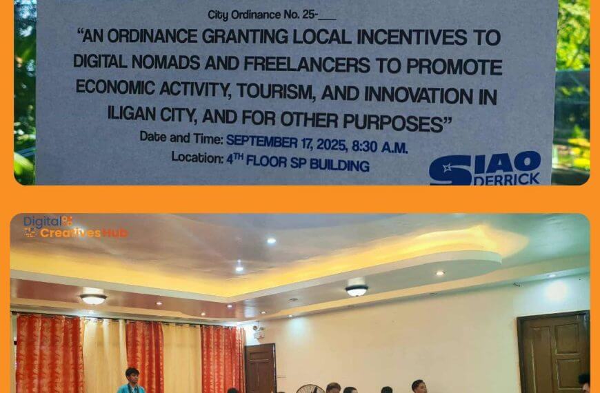 split image: top—public hearing poster; bottom—people seated in a room, some speaking at a table in front.