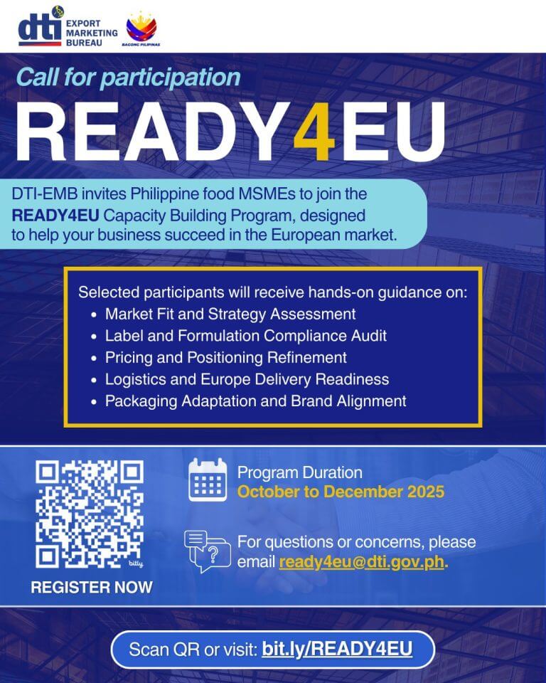 a poster invites philippine msmes to join the ready4eu program, listing details and contact information.
