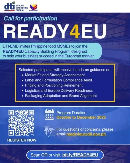 a poster invites philippine msmes to join the ready4eu program, listing details and contact information.